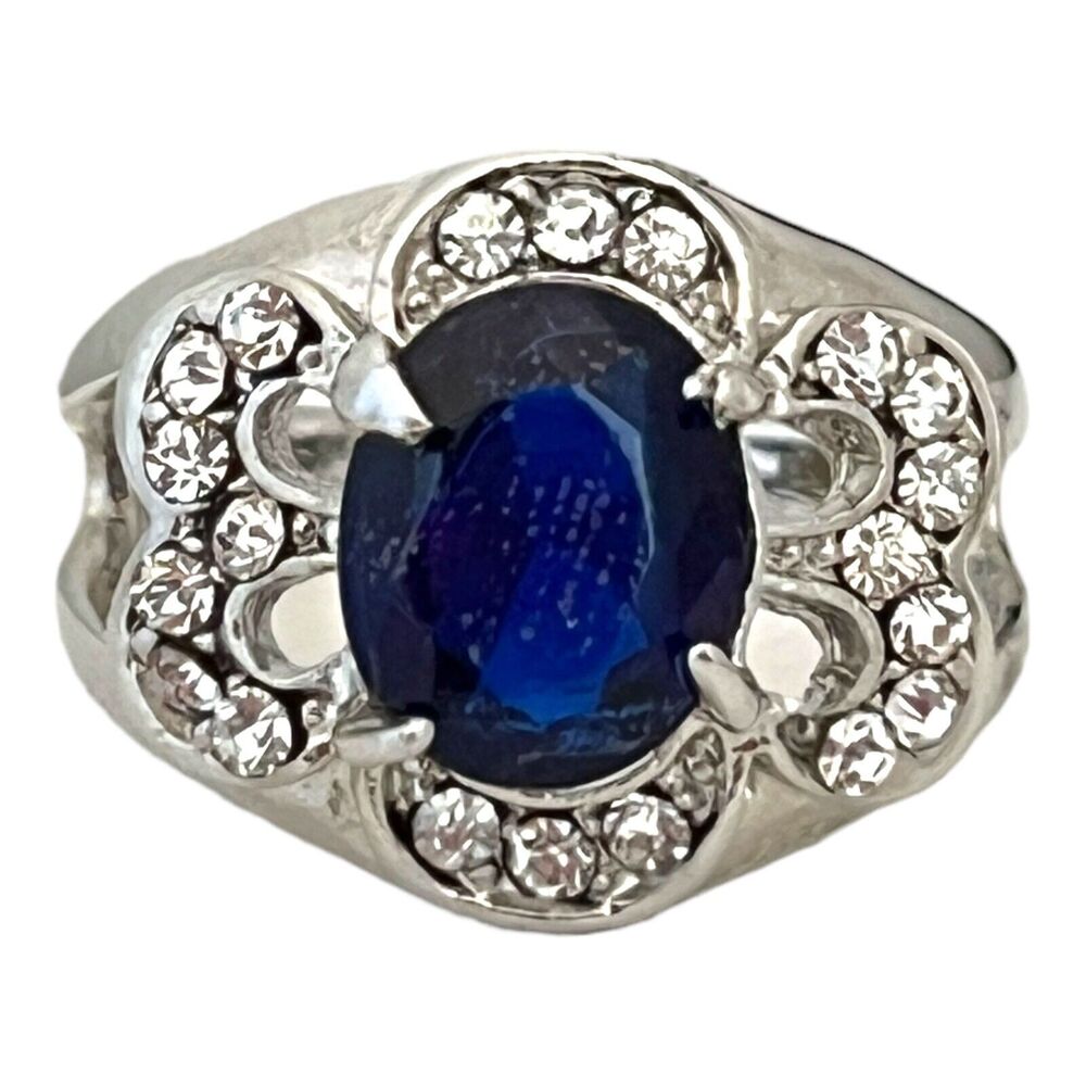 Vintage 1980s Cocktail Ring Blue Purple Glass Rhinestone Silver Tone Size 7 - 5V